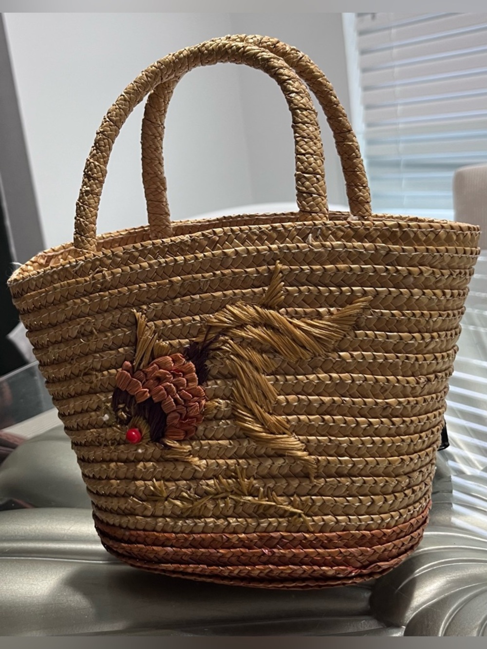 Handwoven Natural Straw Tote with Fish Embroidery - Natural